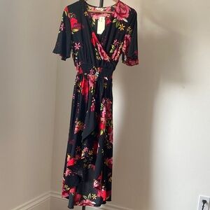 Chic Black and Pink Floral High Low Dress